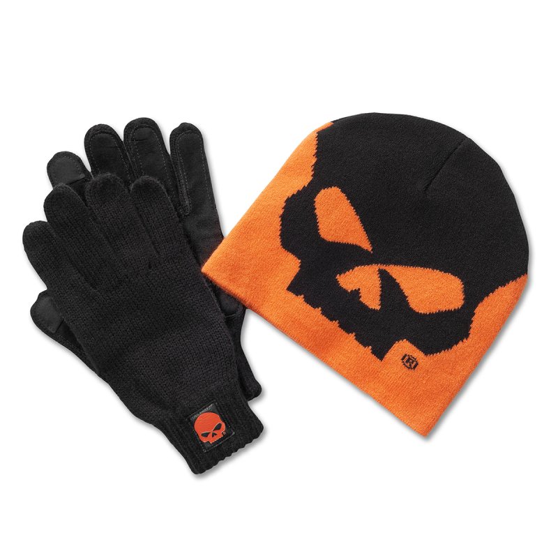 Set Berretta beanie e guanti con palmo in pelle Willie G Skull Harley Orange in Edizione Limitata