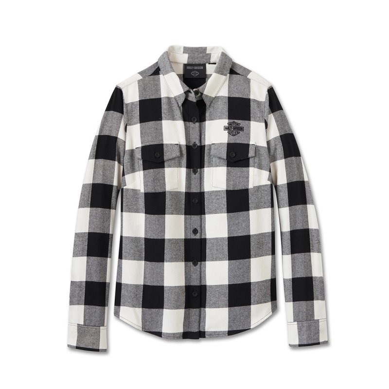 Camicia in twill di flanella in cotone Retro Plaid Cloud Dancer & Harley Black edizione limitata