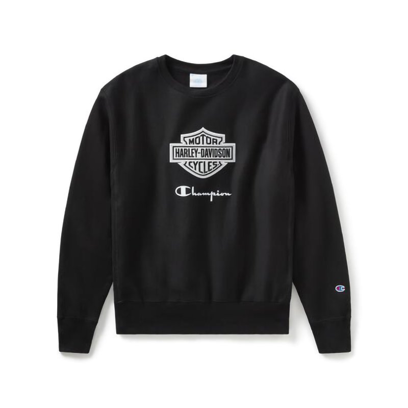 Felpa Fanatic girocollo black H-D & Champion in cotone pesante e pile in Edizione Limitata