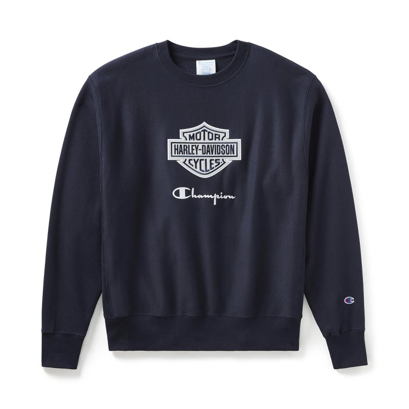 Felpa Fanatic girocollo blu navy H-D & Champion in cotone pesante e pile in Edizione Limitata