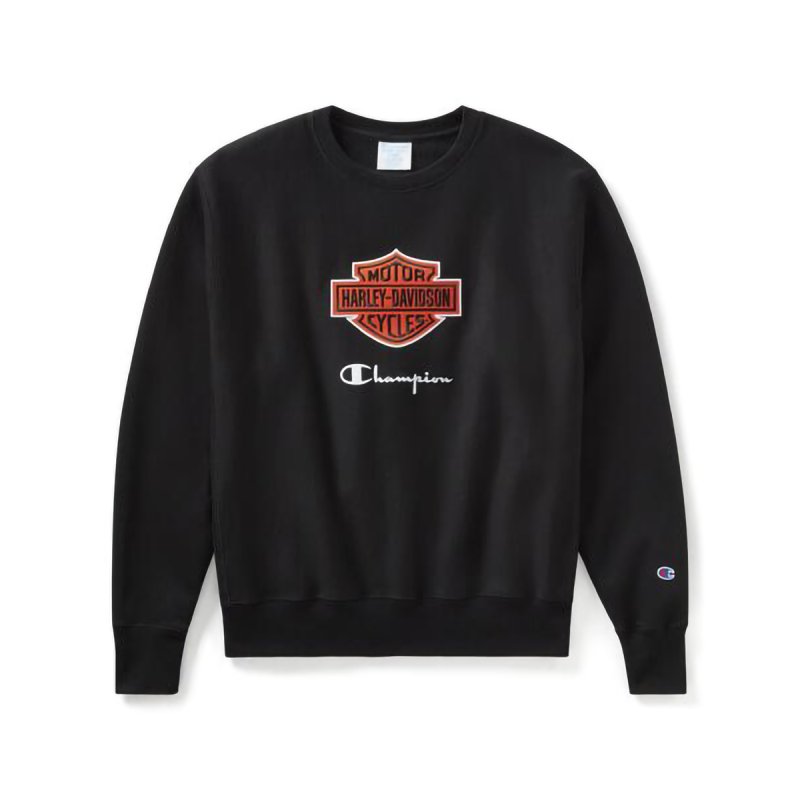 Felpa Fanatic girocollo black H-D & Champion in cotone pesante e pile in Edizione Limitata