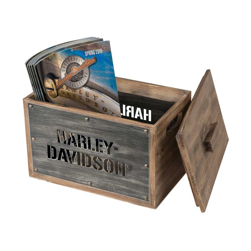 Contenitore in legno con scritte laterali in acciaio